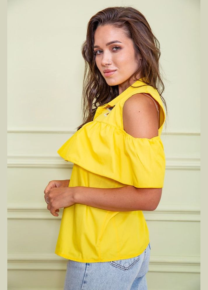 Желтая демисезонная нарядная блуза с рюшей, цвета джинс, Ager