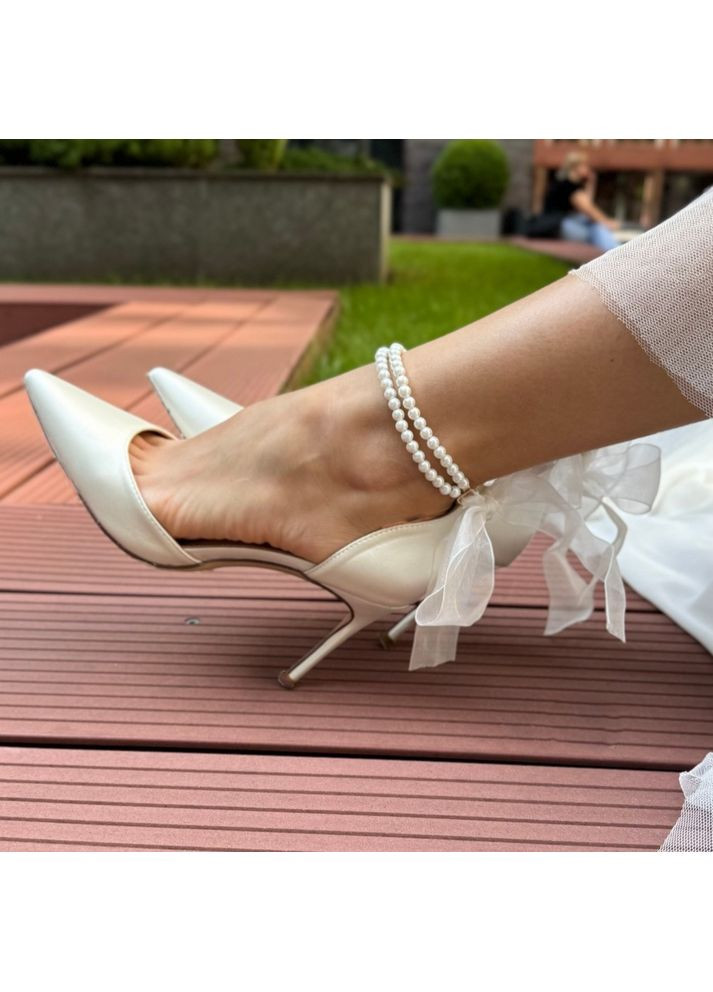 No Brand Жіночі туфлі весільні атласні та ремінцем перли 7,5 см білий з текстиль, — (351394379)