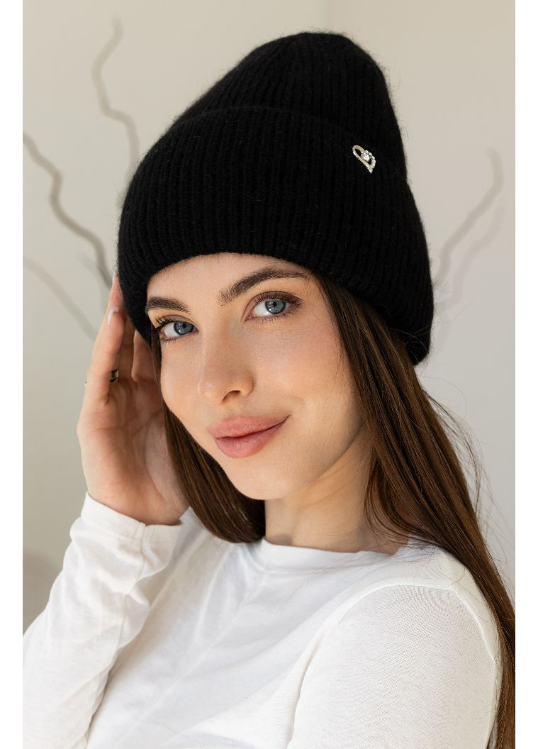 Тепла жіноча шапка "Ангора Серденько" з флісовою підкладко Чорний No Brand (370606598)