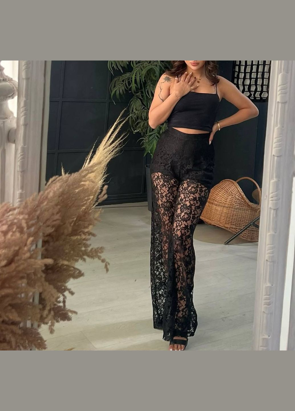 Трендовые чёрные кружевные штаны с шортиками, сексуальные штаны клёш с высокой талией No Brand 219 (332980075)