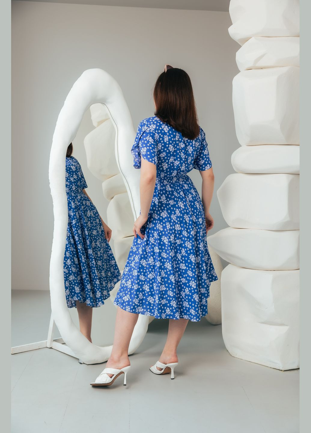 Светло-синее деловое, повседневный, пляжное, коктейльное masoli летнее платье клеш No Brand с цветочным принтом