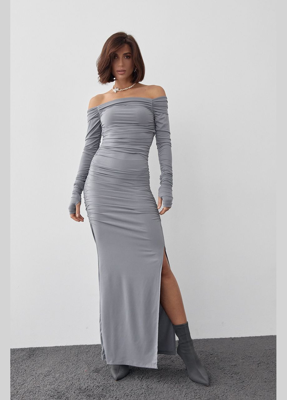 Сіра вечірня довга вечірня сукня з драпіруванням - сірий колір, l (sku_00188) No Brand однотонна