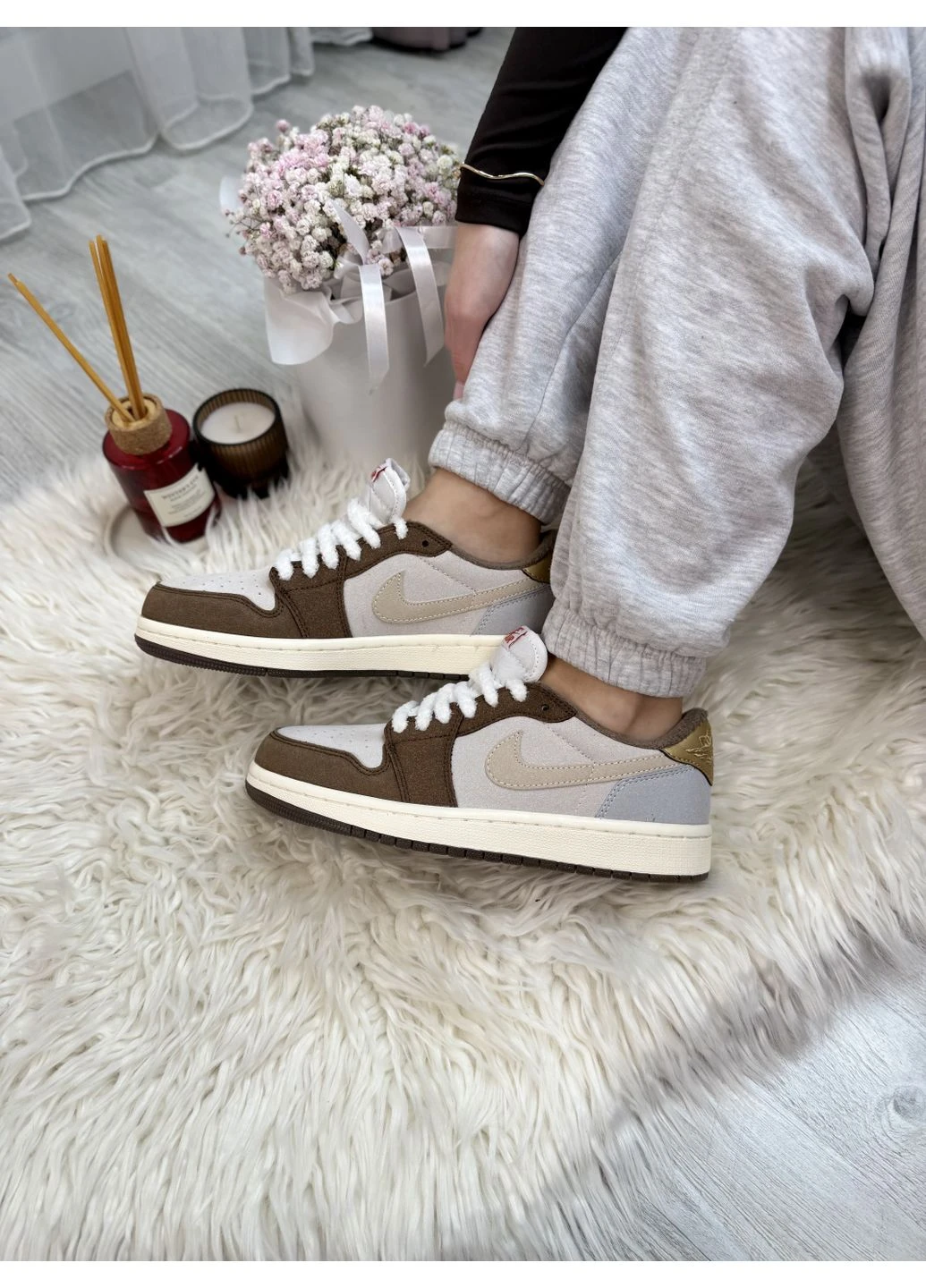 Белые летние кроссовки nike air jordan 1 low brown white premium найк аир джордан No Brand