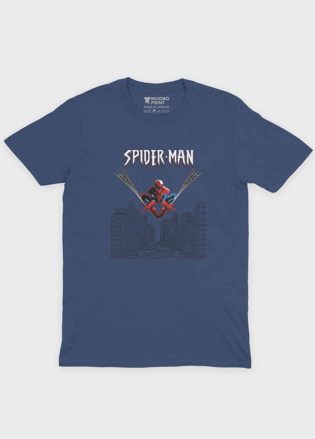 Темно-синяя демисезонная футболка для девочки с принтом супергероя - человек-паук (ts001-1-nav-006-014-038-g) Modno