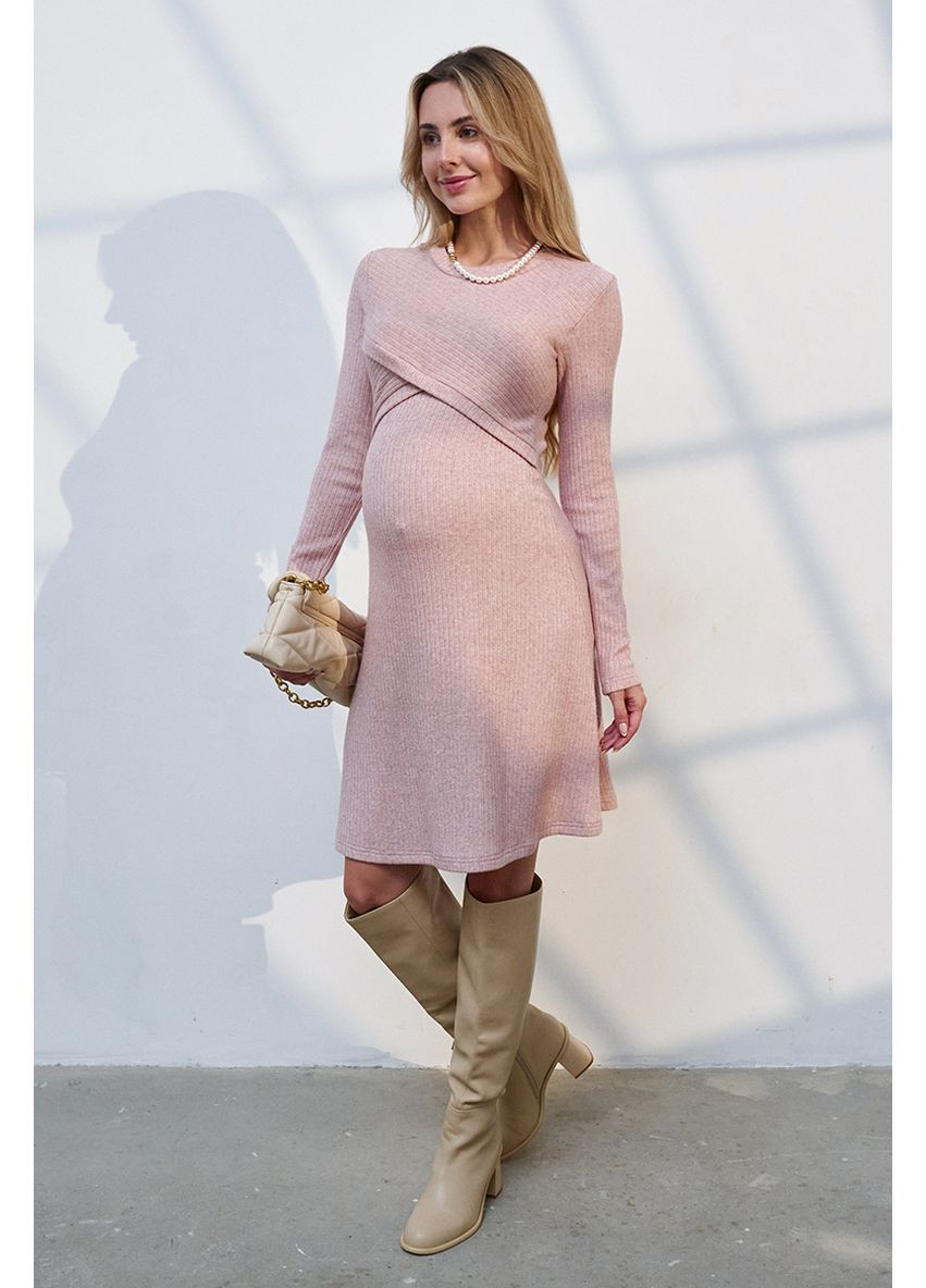 Пудрова сукня міді для вагітних та годуючих пудрова з теплого трикотажу Юла мама