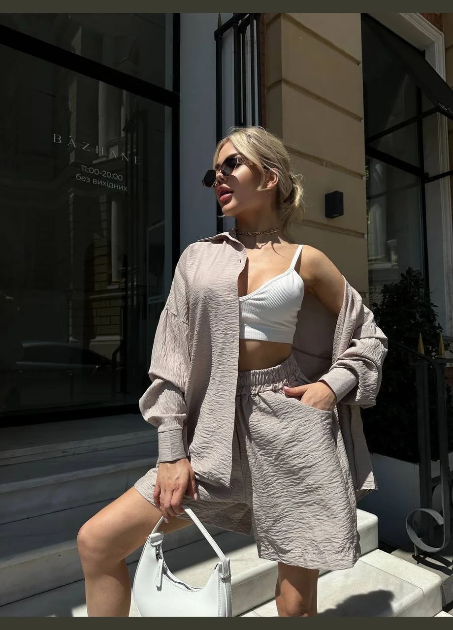 Женский льняной костюм с шортами Fashion (333036795)
