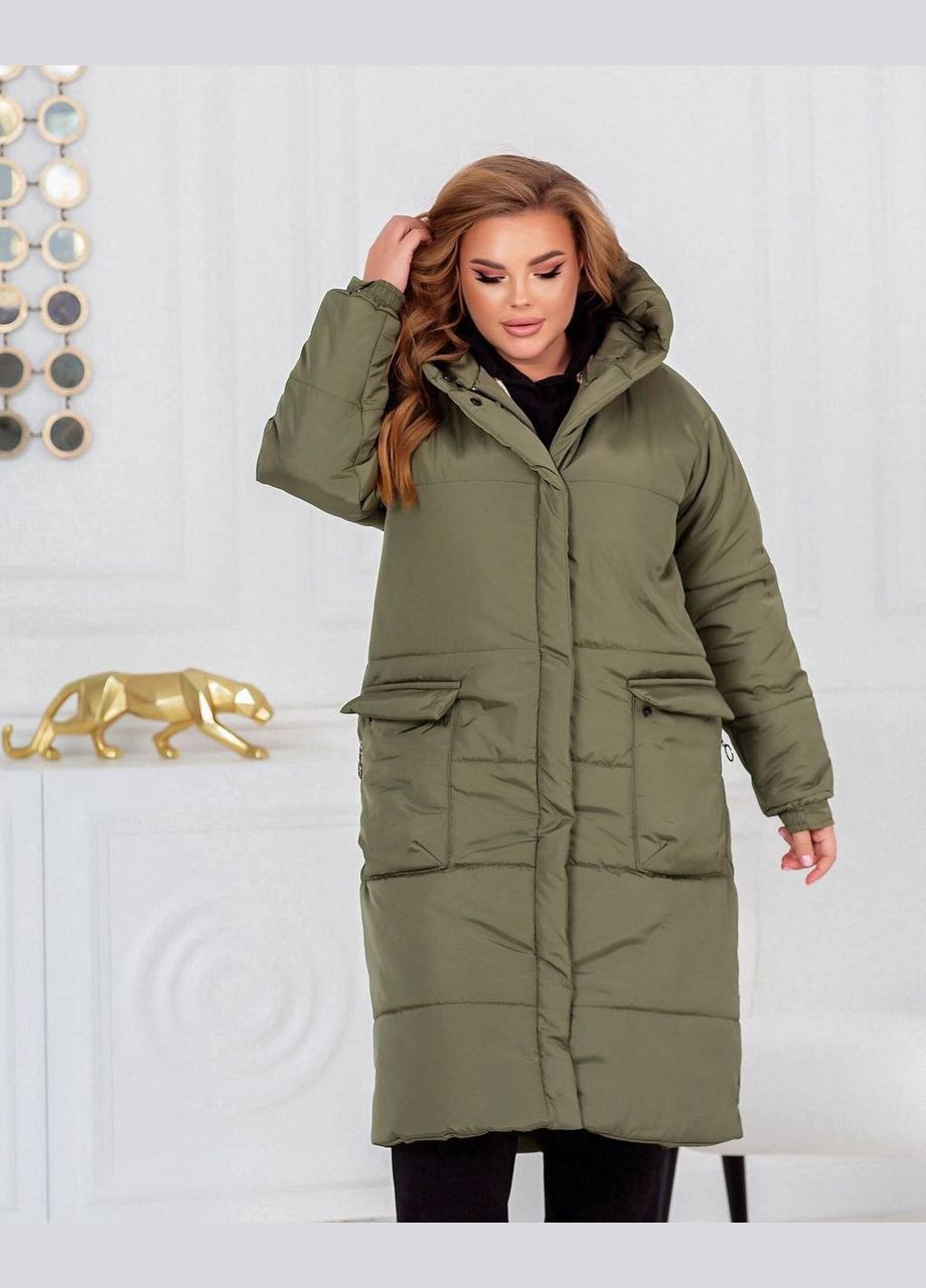 Оливкова (хакі) жіноча тепла куртка-пальто з капюшоном колір хакі р.42/44 448985 New Trend