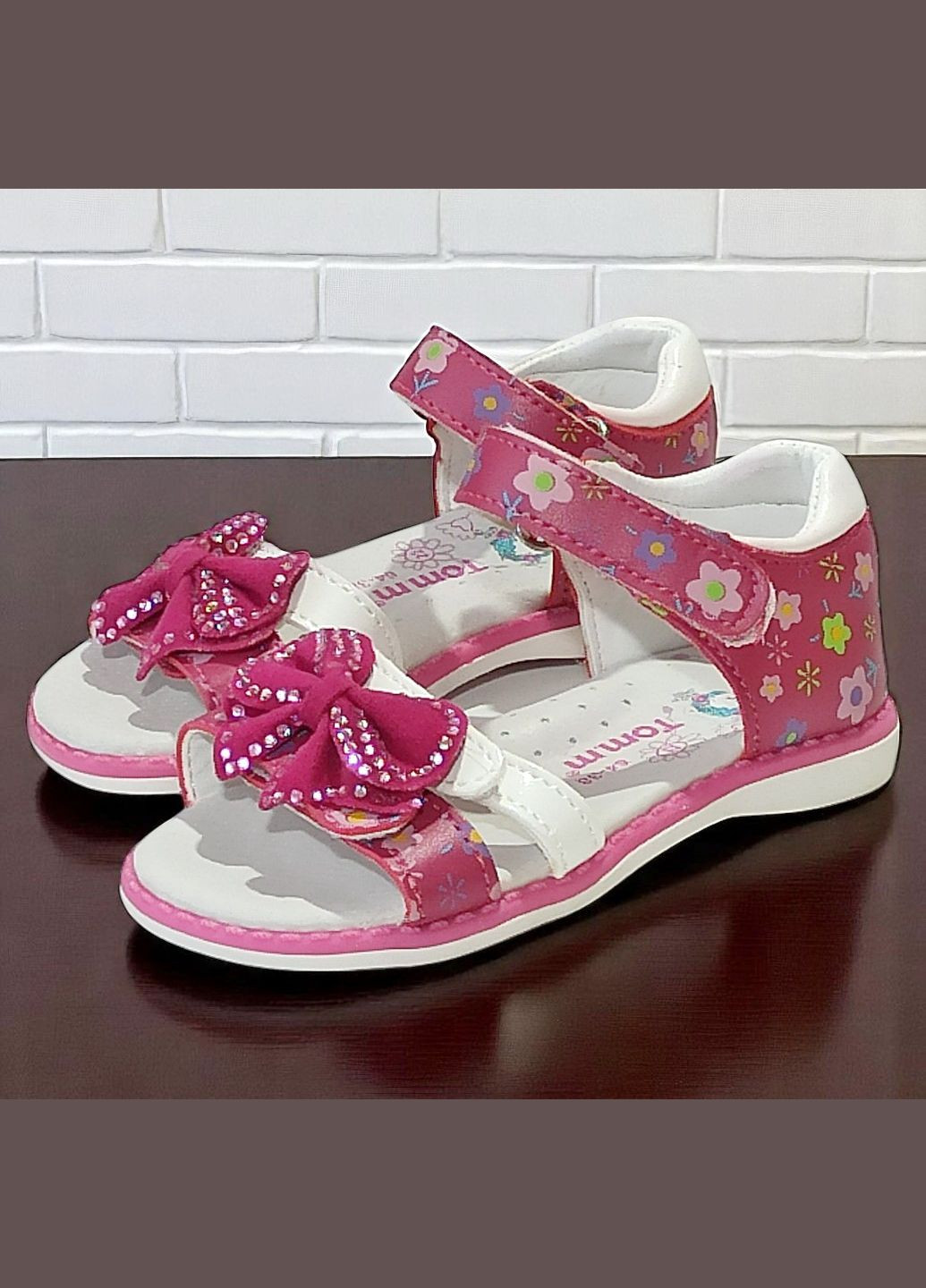 Малиновые ортопедические босоножки открытые сандалии на липучках для девочки том м Tom.M со стразами, с бахромой, с цветами