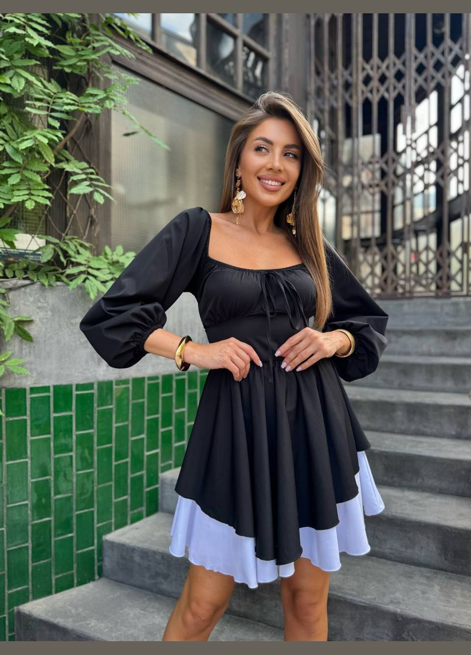 Чорно-білий святковий, коктейльна жіноча елегантна сукня на шнуровці кльош Avanti однотонна