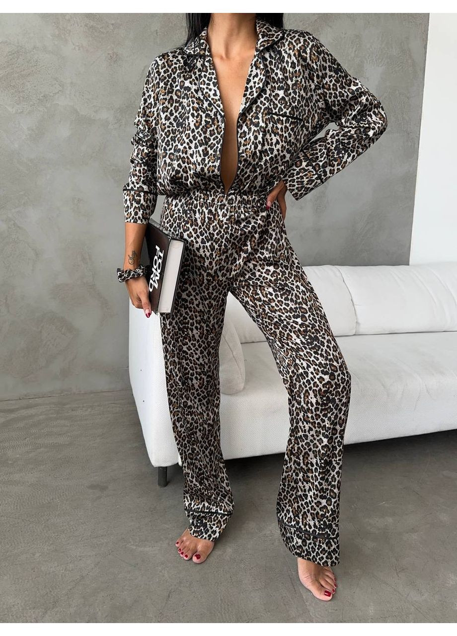 Черная всесезон женская пижама | чёрный леопард рубашка + брюки Vital-Textile 1243