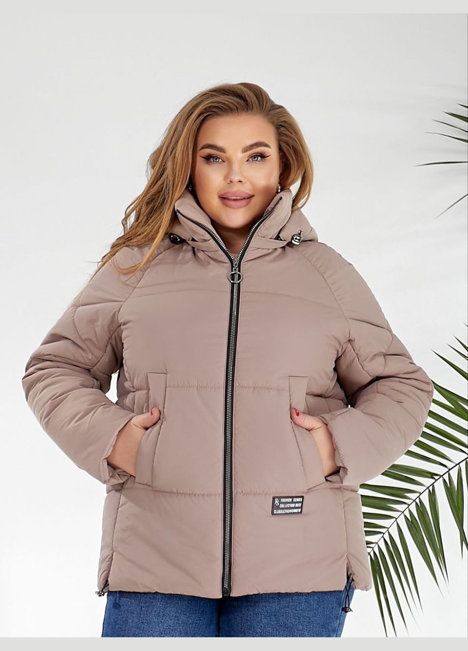 Бежевая демисезонная женская весенняя куртка короткая на молнии с капюшоном No Brand