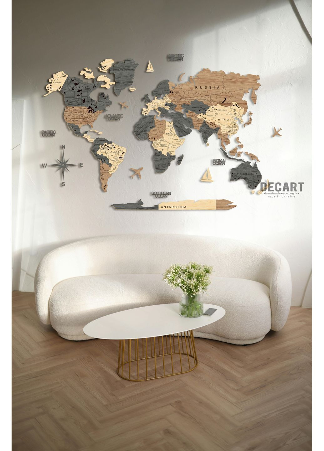 Панно из дерева на стену . Декор на подарок "Карта Мира с гравировкой Клен" 200х120 см Decart (360610219)