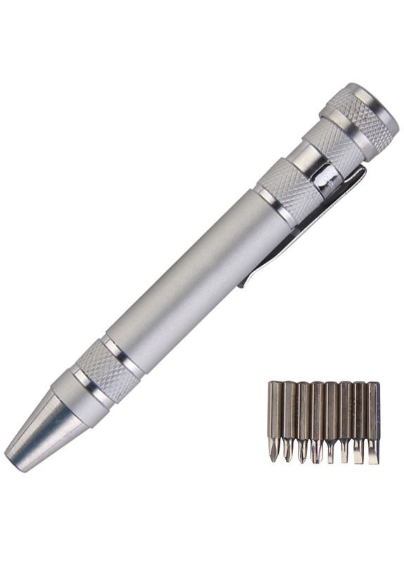 Отвертка + 8 бит в виде ручки/прецизионная/карманная/алюминиевая Silver No Brand (322707389)