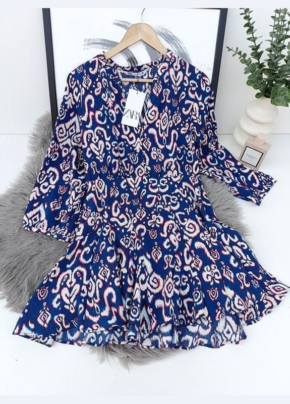 Синя розкльошена сукня міні з принтом Zara