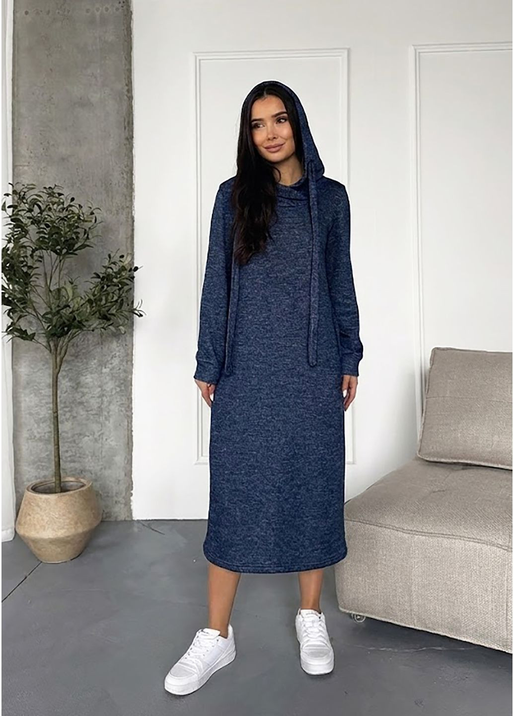 Темно-синя спортивна, повсякденний, джинсова, кежуал плаття-худі міді з турецької тринитки з люрексом і начосом сукня-худі INNOE меланжева