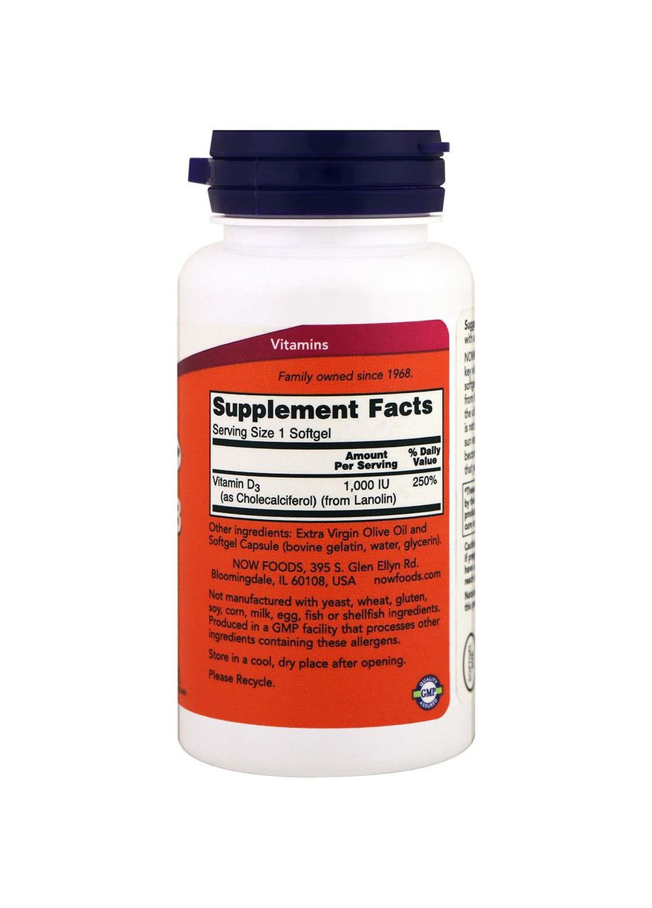 Вітамін Д3, Vitamin D-3,, 1000 МО, 360 капсул Now Foods (364312930)