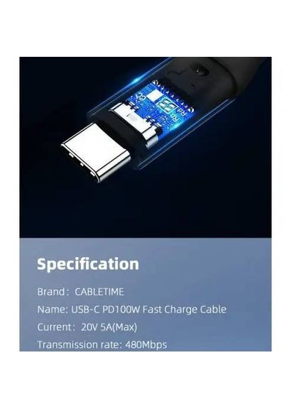 Кабель USB Type-C - USB Type-C (M/M) PD 100W, 2 м, Black (CU02L) CABLETIME (368679859)
