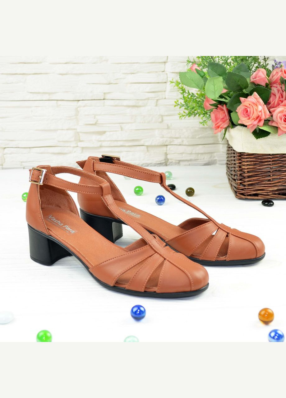 Комбинированные босоножки женские кожаные на устойчивом каблуке, цвет рыжий. 37 размер No Brand