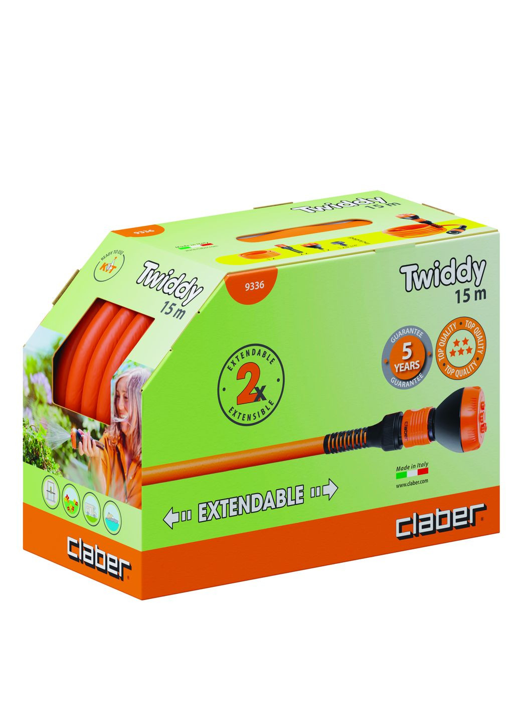 Шланг поливальний пружинний 1/2" TWIDDY 15м, з конекторами і розпилювачем Claber (344464864)