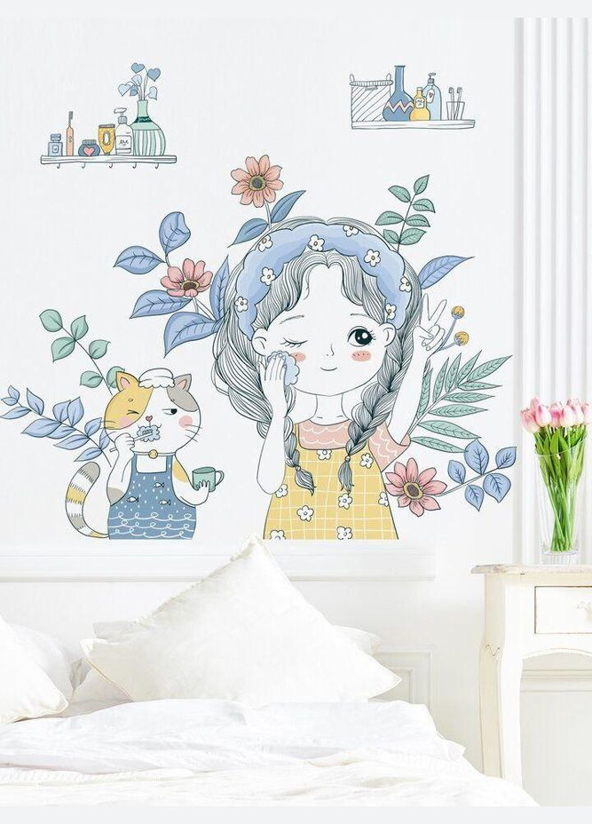 Наклейка на стену Кот с девочкой (лист 30х90 см) Б196-2 No Brand (338231045)