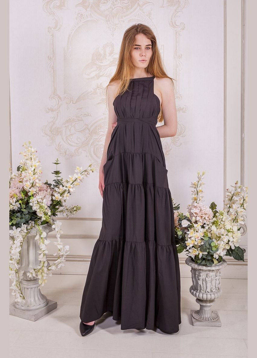 Черное вечернее платье а-силуэт, с юбкой-солнце Veles однотонное