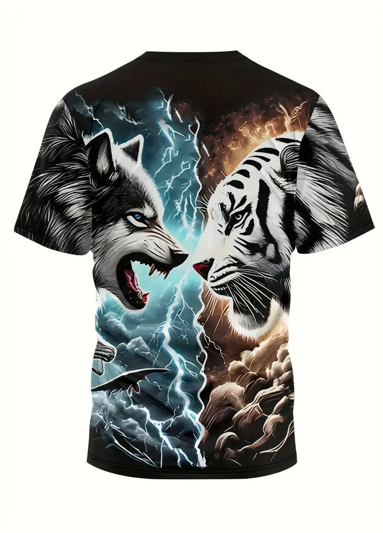 Комбинированная мужская футболка 3d принт битвы волка и тигра термо дышащая xxl 56 No Brand