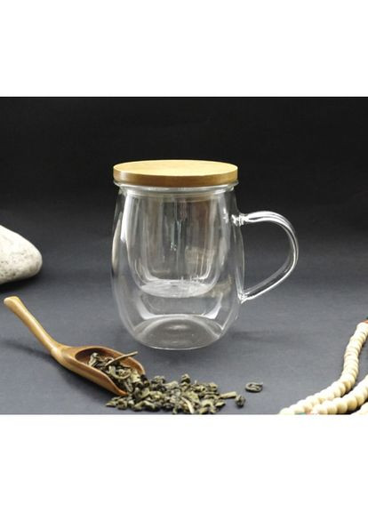 Чашка скло + сито + дерев'яна кришка 350мл 290г Tea Star (291418306)