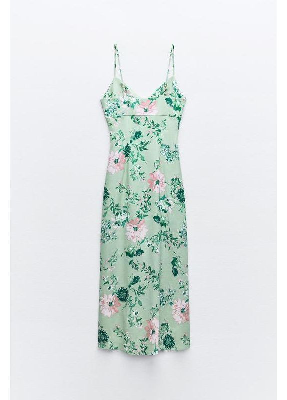 Зелена сукня міді на основі льону в квітковий принт Zara