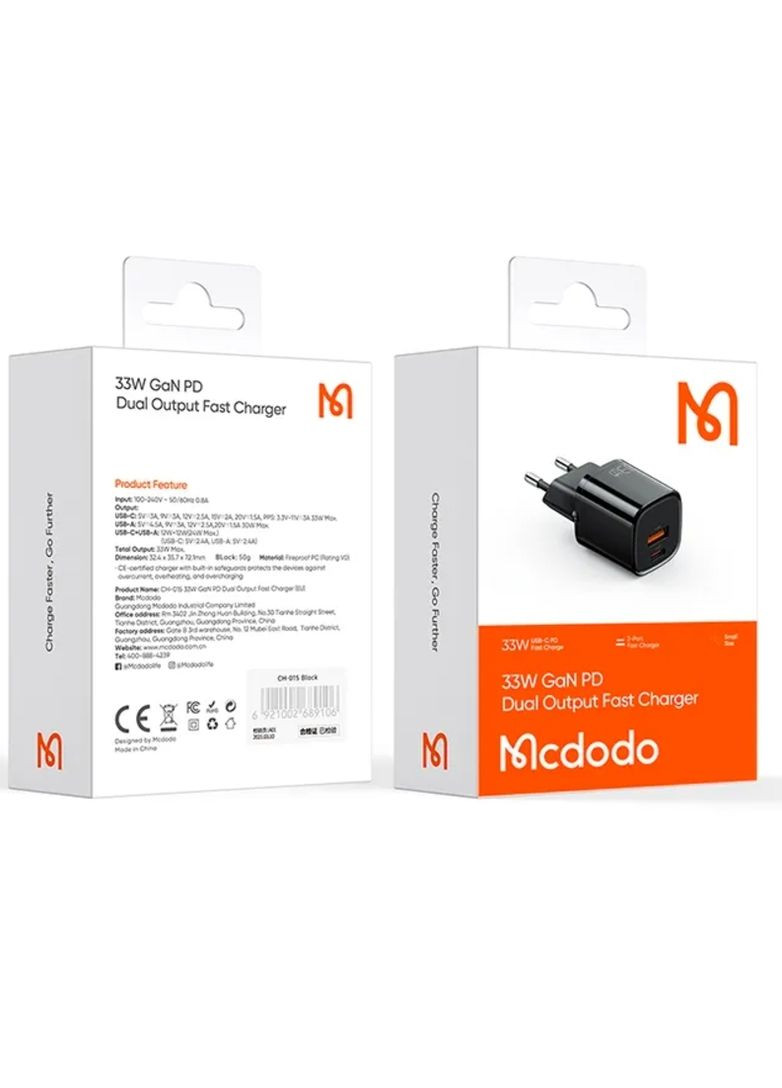 МЗП Nano Series 33W PD + QC Dual Port Charger (EU plug) CH0151 Black McDodo (308982823)