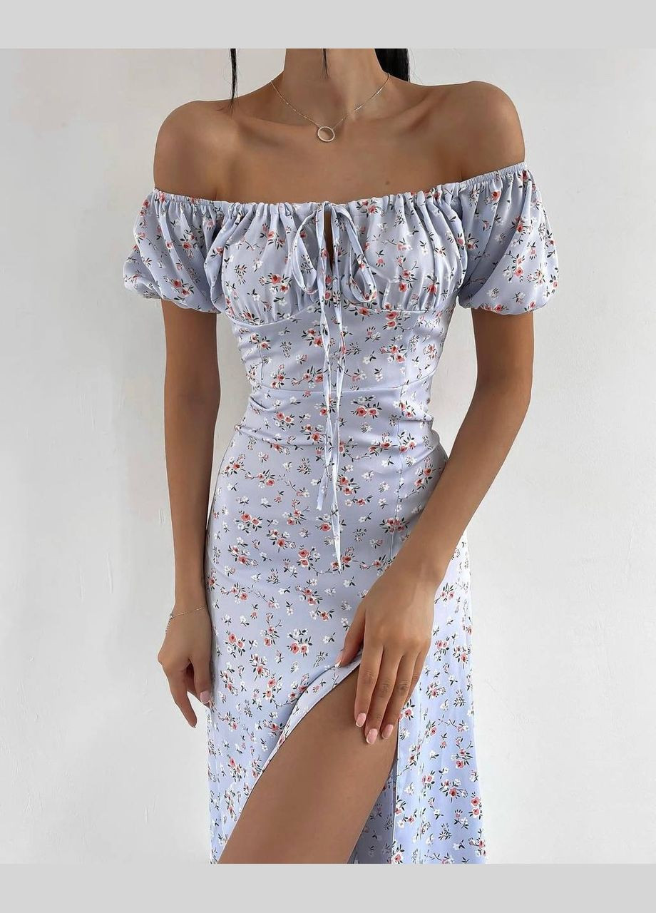 Сиреневое повседневный, коктейльное, вечернее, кэжуал женское платье с открытыми плечами No Brand с цветочным принтом