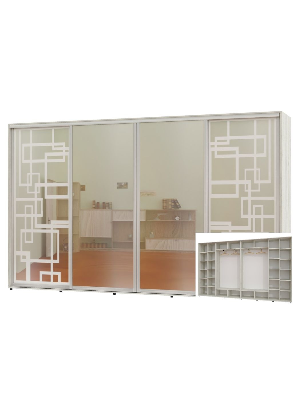 Шкаф-купе четырехдверный 420*45*250 Дуб крафт белый 2 Зеркала с пескоструйным рисунком/2 Зеркала Алекса (360452035)