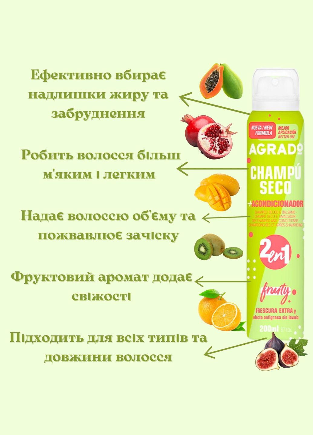 Сухий шампунь та кондиціонер 2en1 Agrado Fruity 200 мл. Deliplus (322318388)