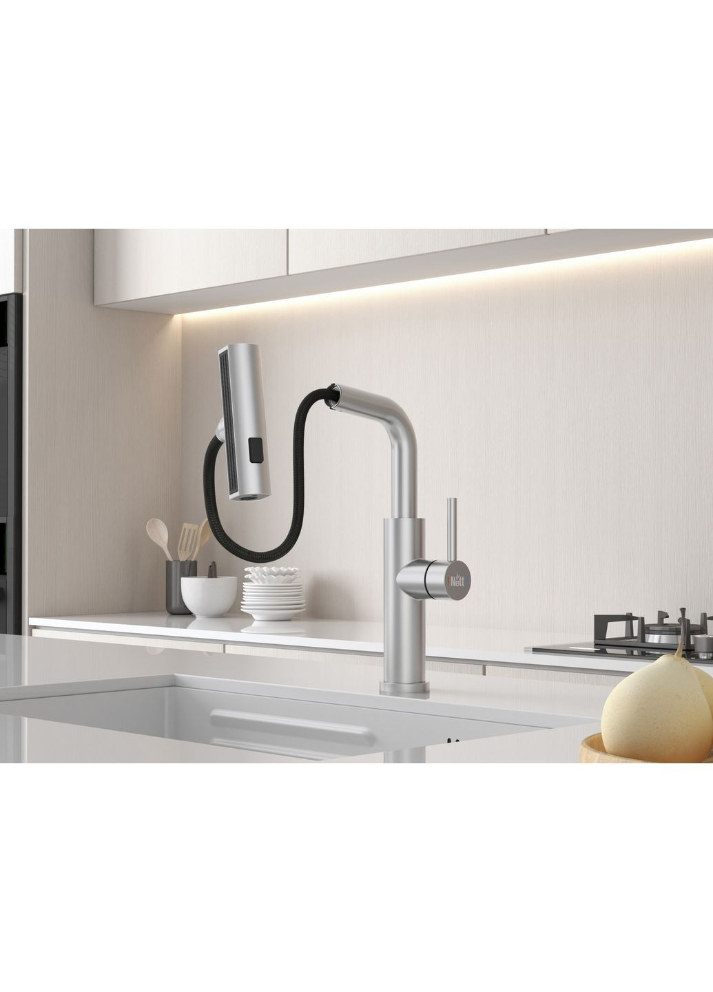 Змішувач на кухню водоспад з висувною лійкою нержавіючий Nett LS-35 (352730007)