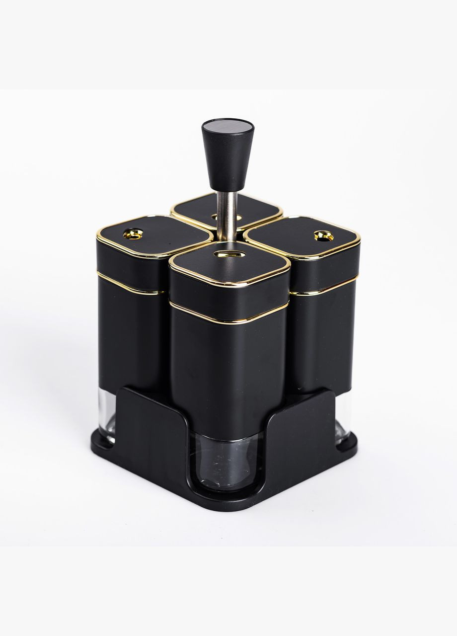 Набір для спецій на підставці 4 предмети 10х10х17 см ємності для приправ 120 мл Чорний HP-1306 Yiwu (322654074)