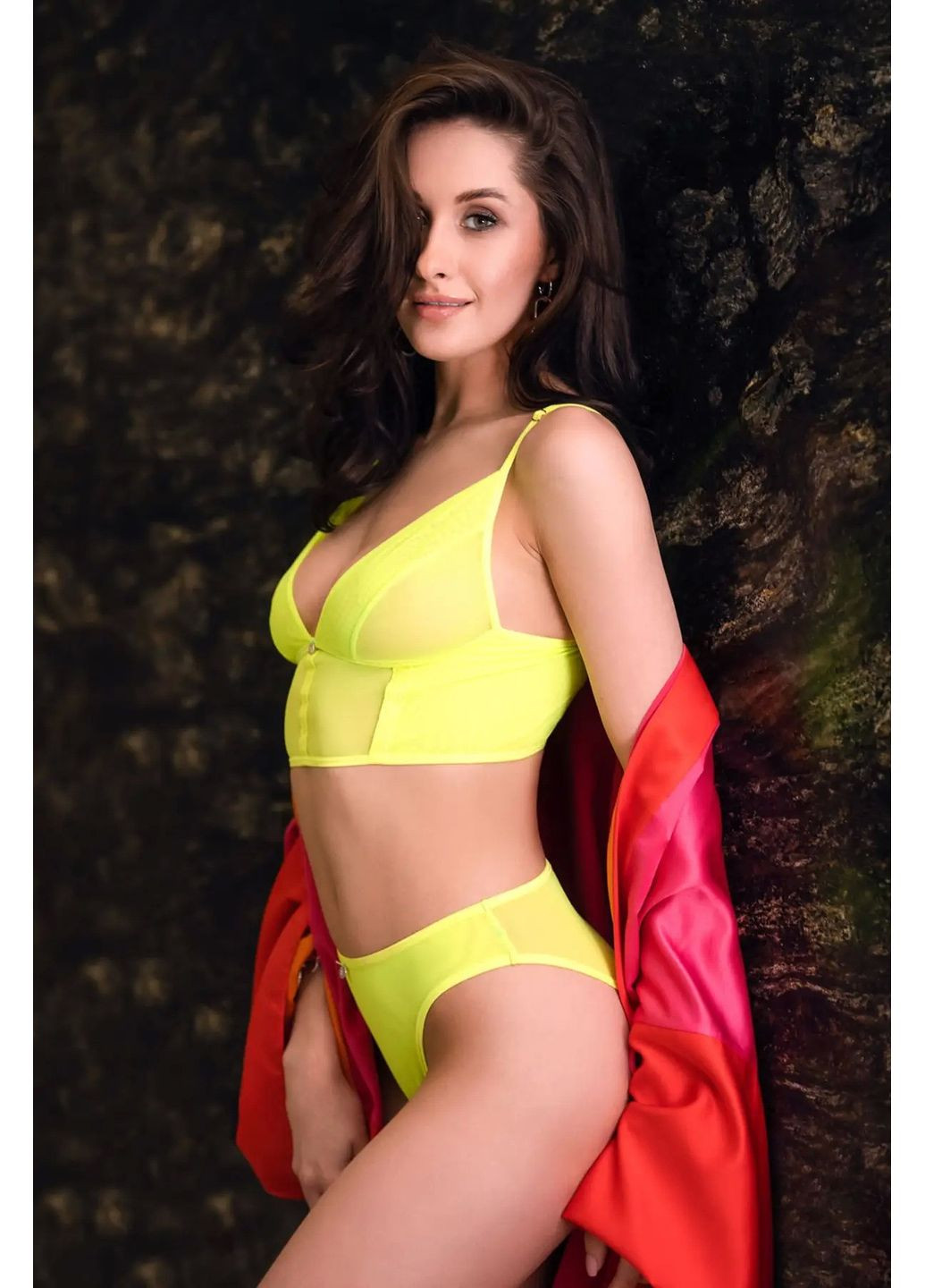 Жовтий демісезонний комплект білизни неоново-салатовий - топ з трусиками neonia top Obsessive