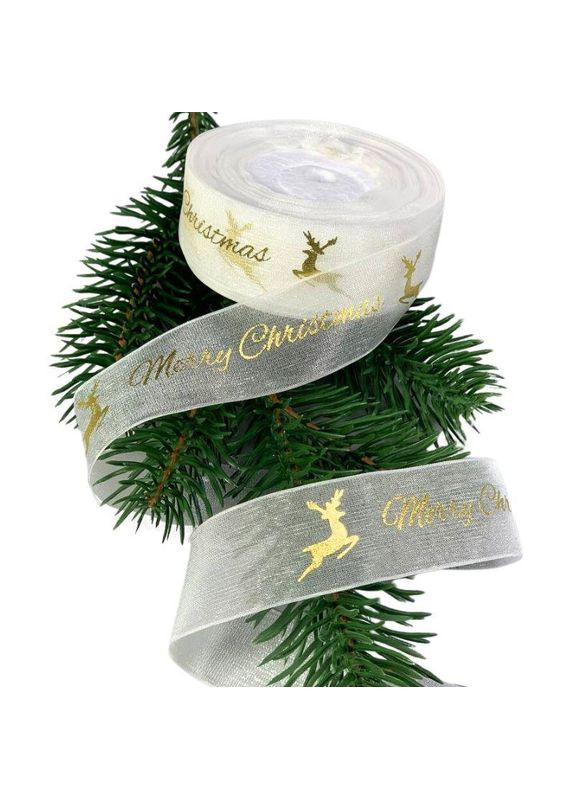 Лента для упаковки подарков НОВОГОДНЯЯ 25мм " " /D13701 white/ органза, белая "Merry Christmas", 25 ярд (5) Unison (393785083)