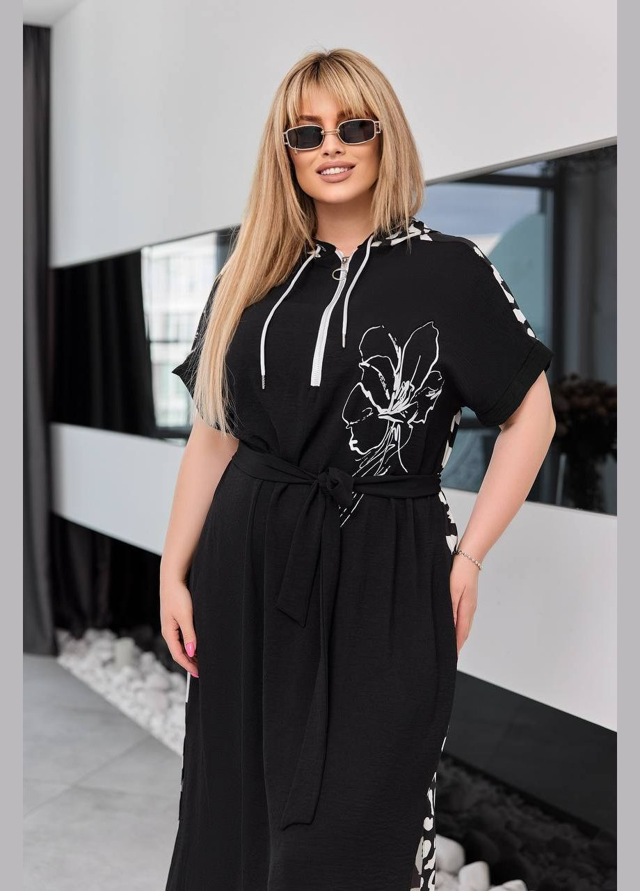 Черное женское платье с поясом цвет черный леопард р.50/52 453803 New Trend