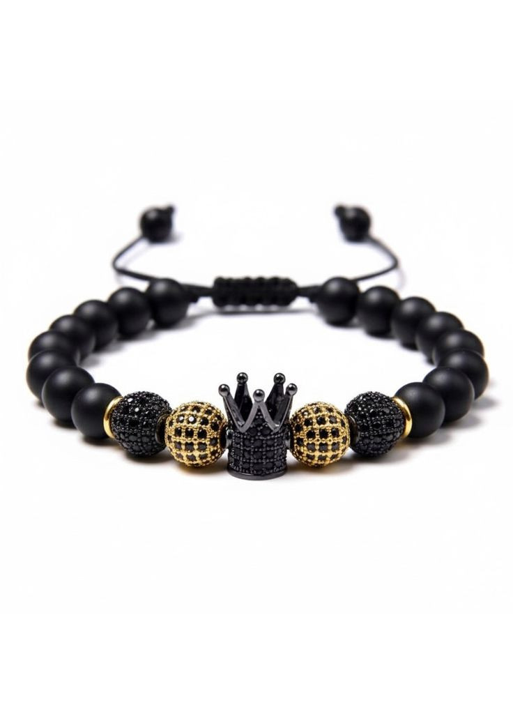 Элитный браслет-шамбала из матового оникса с черной короной и инкрустированными черно-золотыми шарами (20069) Hemst (366089422)