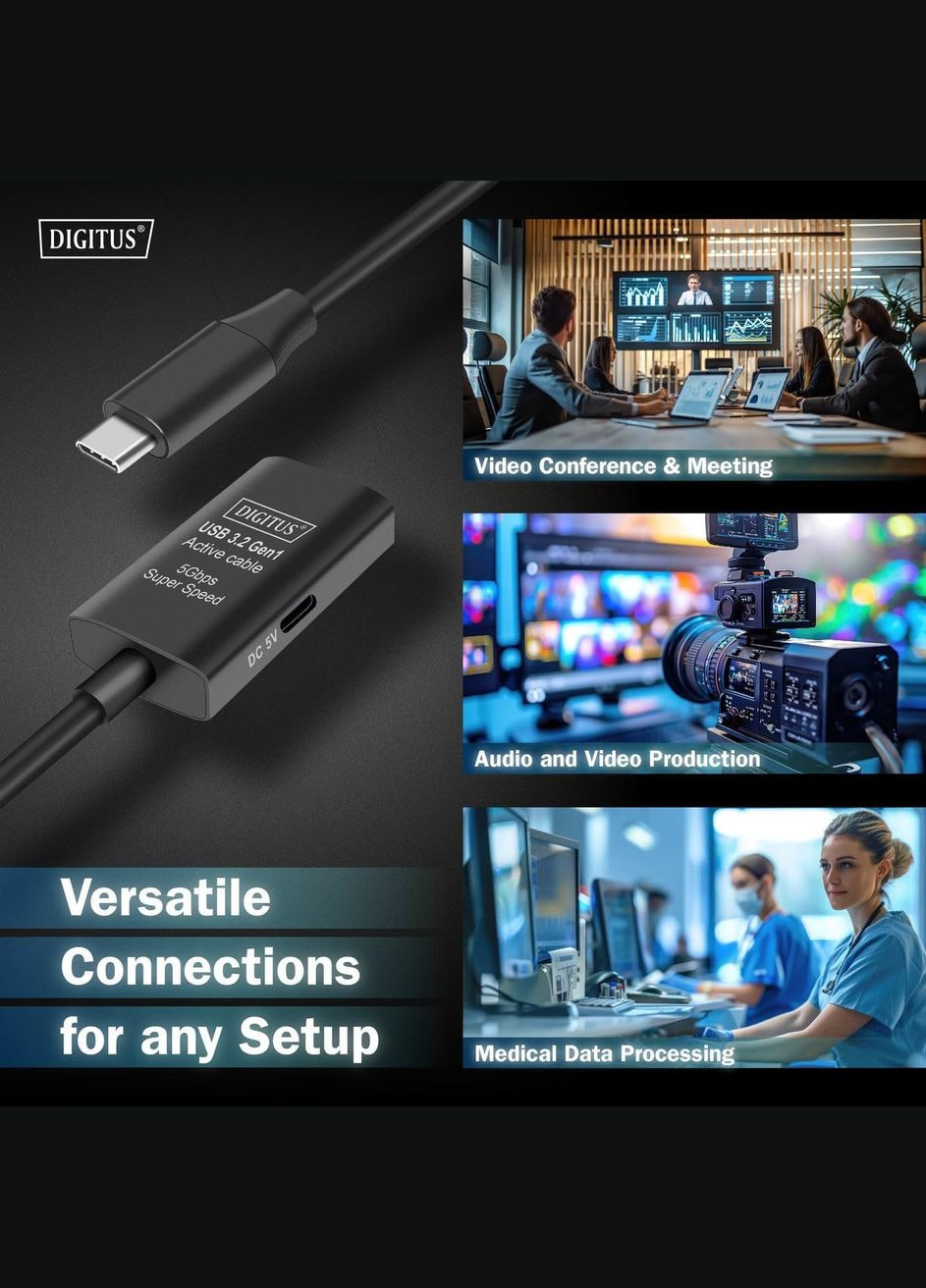 Удлинитель USB 3.2 Gen1 Active Cable 5G, C/M-C/F, 10м, черный Digitus (323205139)