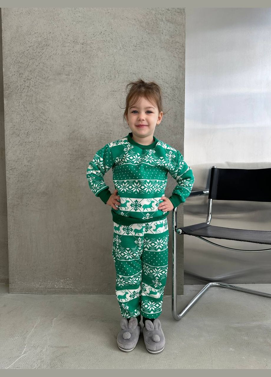 Темно-зелена зимня дитяча піжама тепла з натуральної тканини No Brand