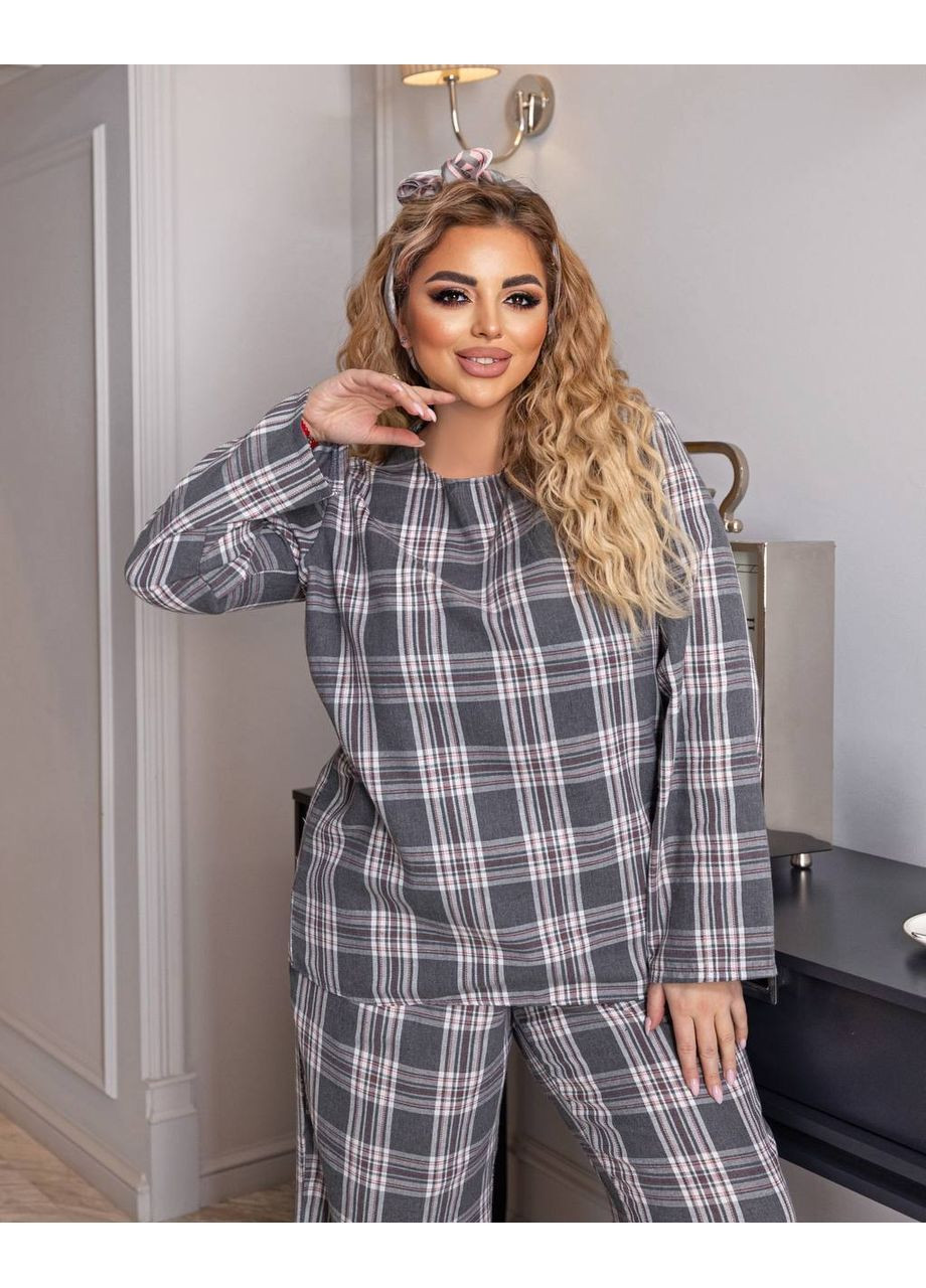 Сіра всесезон піжама жіноча в клітинку тепла зі штанами кофта + брюки No Brand