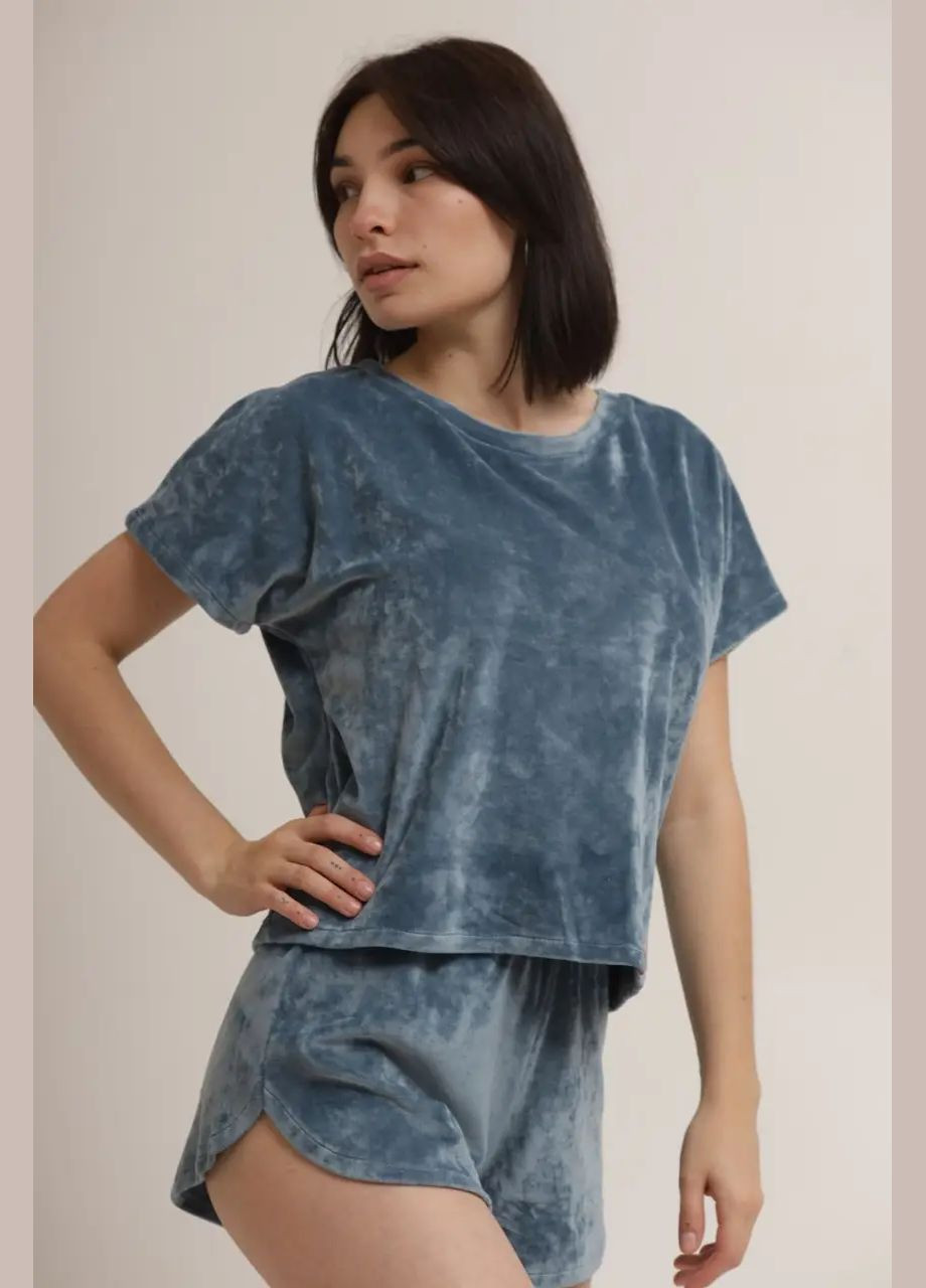 Морської хвилі всесезон жіноча піжама "футбока шорти", велюр на х/б основі (плюш), колір "морська хвиля" т.м. lekol No Brand