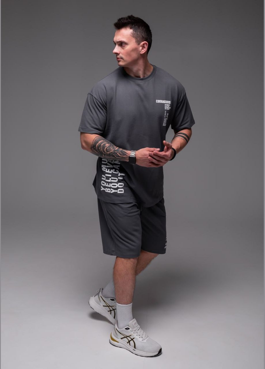 Серый демисезонный мужской oversize костюм oversize прочная дышащая ткань хлопок 100% ( лакоста ) No Brand