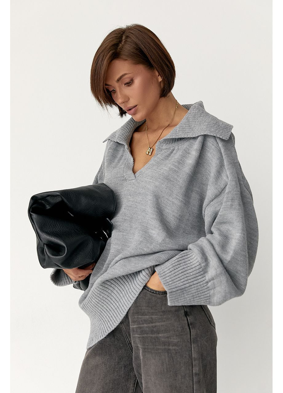 Сірий зимовий в'язаний светр-поло вільного крою Lurex