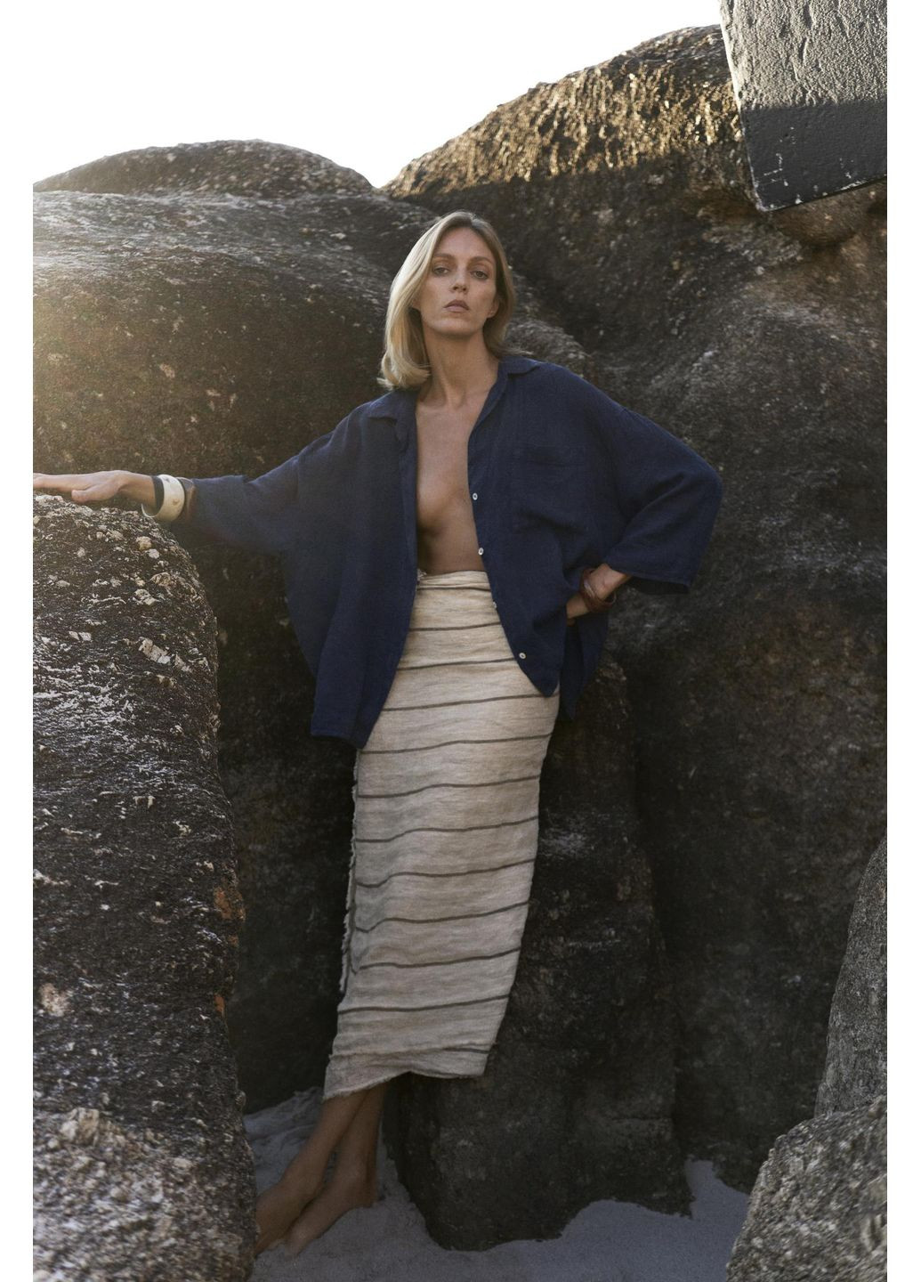 Синяя рубашка оверсайз из 100%-го льна Zara