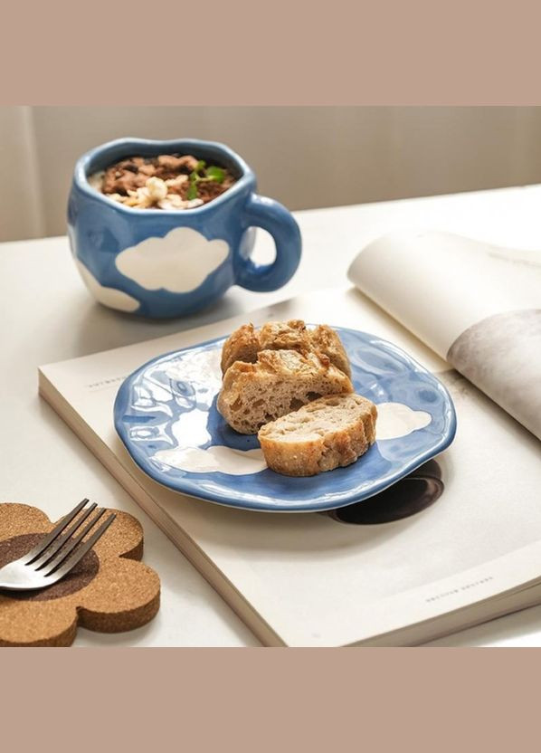 Керамическая чашка для кофе с блюдцем "Тучки" 290мл, ручной работы, синяя OSM (319155280)