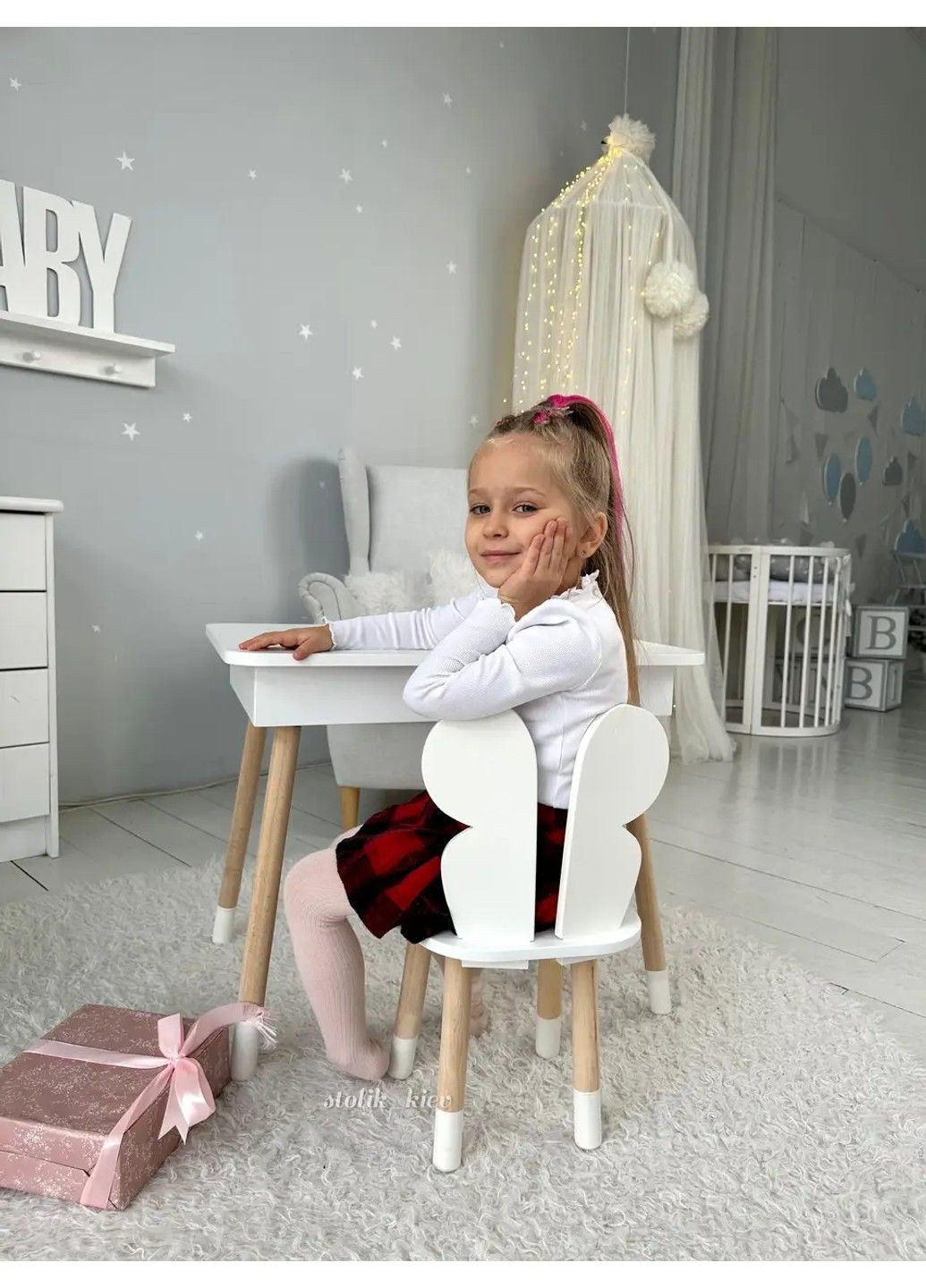Дитячий столик з ящиком для олівців + стільчик Метелик (Білий) No Brand (331639417)