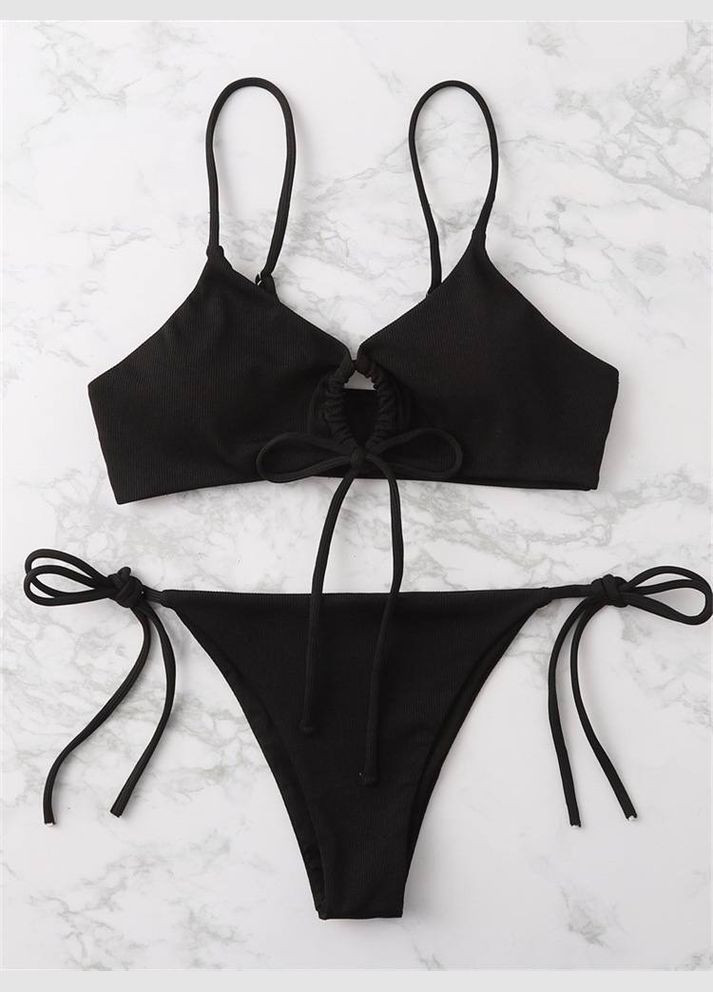 Черный летний раздельный женский купальник в рубчик с завязками на лифе и плавках ribana черный No Brand