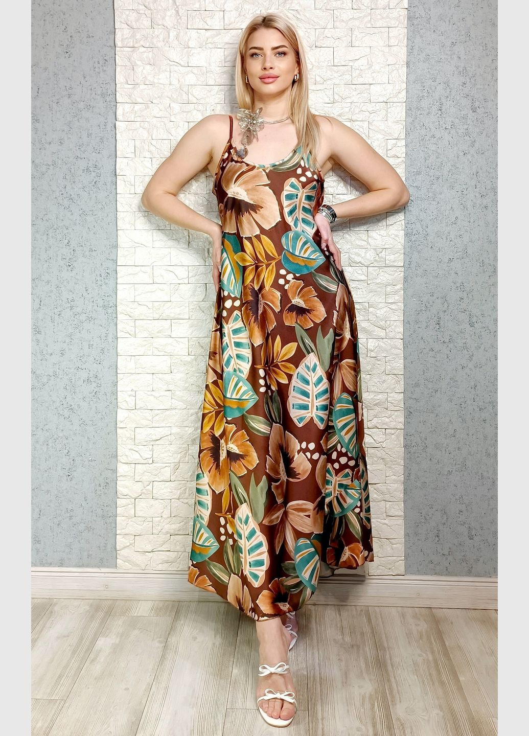 Коричневое кэжуал платье платье-комбинация, а-силуэт Lamiar с цветочным принтом