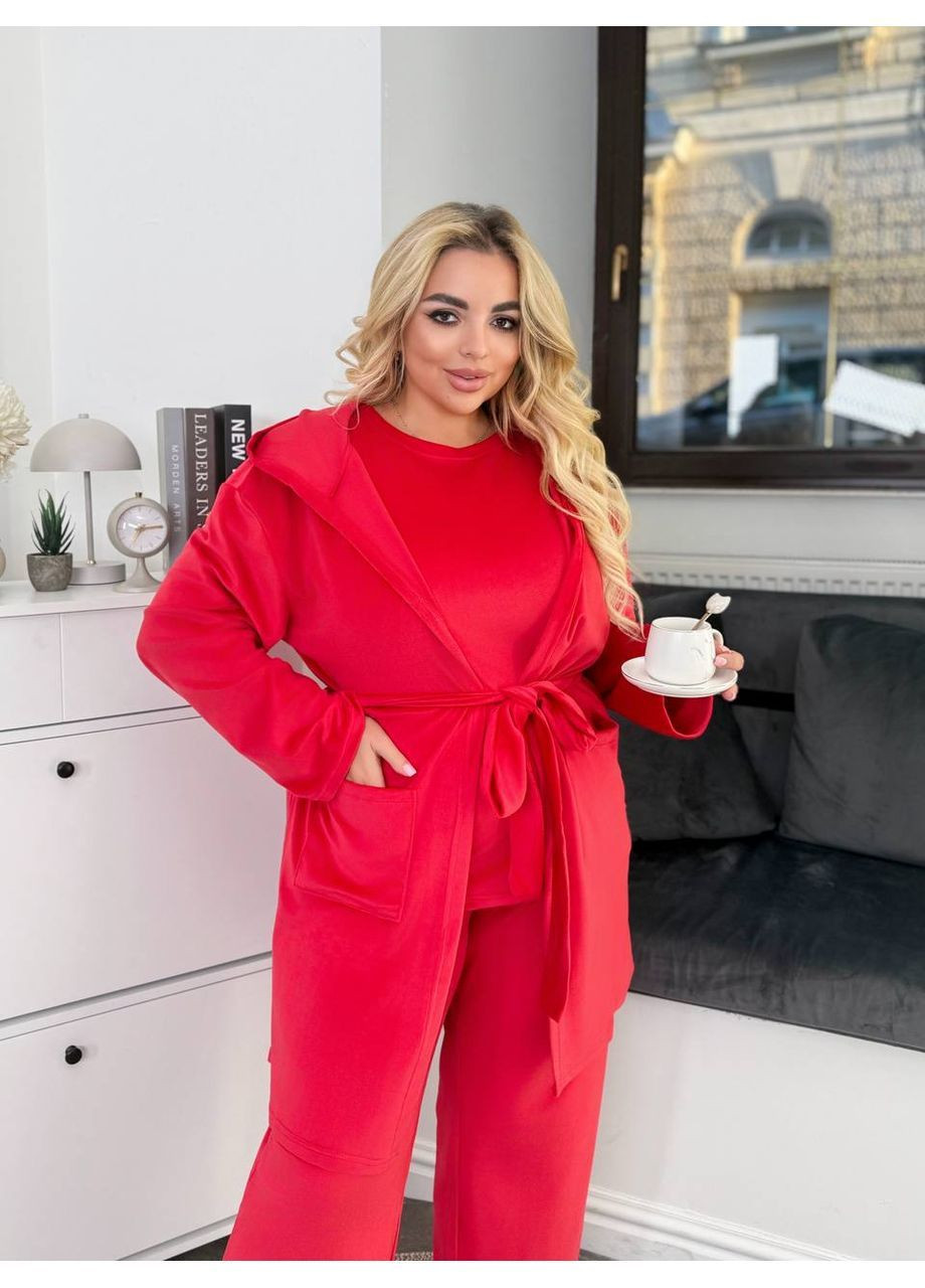 Красная женский велюровый домашний костюм тройка Osoblyva